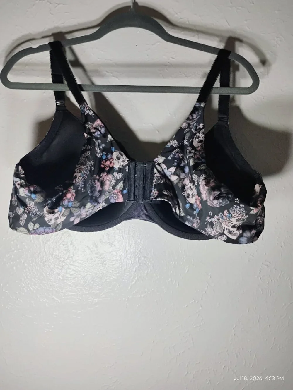 Torrid Skull and Floral Goth Black Push Up Plunge Bra 48B